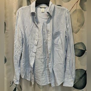 H&M Light Blue and White Striped Linen Blend Casual Shirt